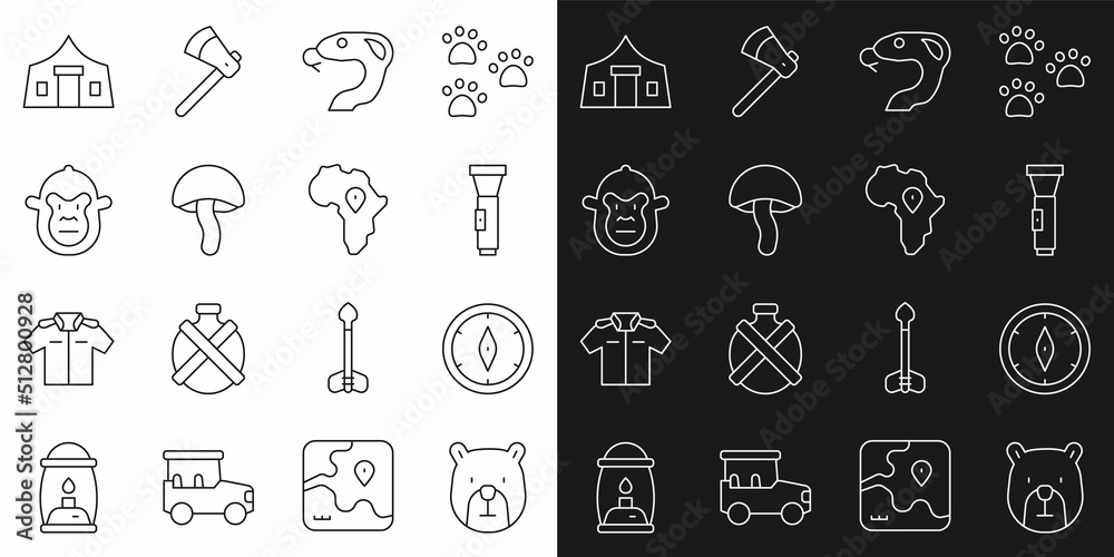 Set line Bear head, Compass, Flashlight, Snake, Mushroom, Monkey, Tourist tent and Map of Africa icon. Vector Set line Bear head, Compass, Flashlight, Snake, Mushroom, Monkey, Tourist tent and Map of Africa icon. Vector