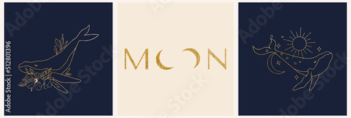 Logo template in linear golden style. Whale with the moon. Esoteric illustration with moon and stars