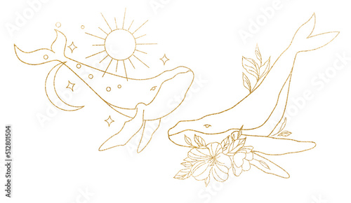 Logo template in linear golden style. Two whales with moon and flowers. Esoteric illustration with moon and stars