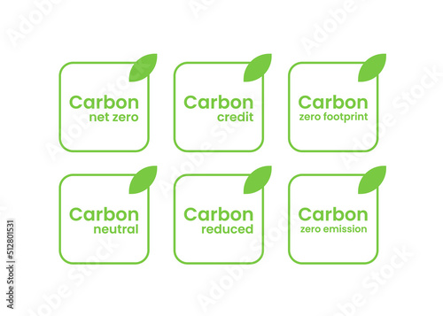 CO2 emission reduction icon set. Zero carbon emission, CO2 neutral, carbon credit green square shape label banners isolated on white. Ecology environment certificate design element. Flat vector.