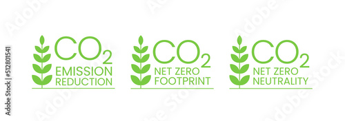 CO2 emission reduction label certificate set isolated on white. Zero carbon emission, CO2 neutral, carbon credit concept. Stop global warming greenhouse effect design element. Green eco friendly icons