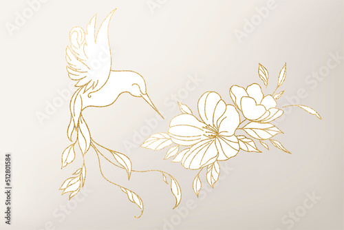 Golden illustration of a hummingbird over a flower. For wedding salons, personal hygiene, beauty salons. Vector.