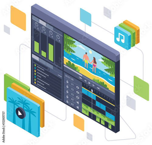 Video editing software isometric illustration and digital display recording in a video editing software program