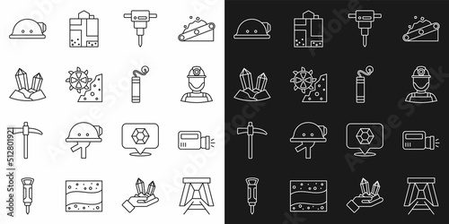 Set line Mine entrance  Flashlight  Miner helmet  Construction jackhammer  Bucket wheel excavator  Gem stone  and Dynamite icon. Vector