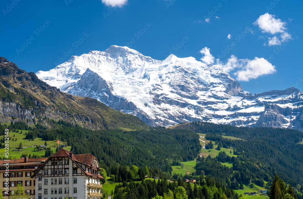 amazing view on Jungfrau mountain in swiss Alps in Wengen village in Switzerland