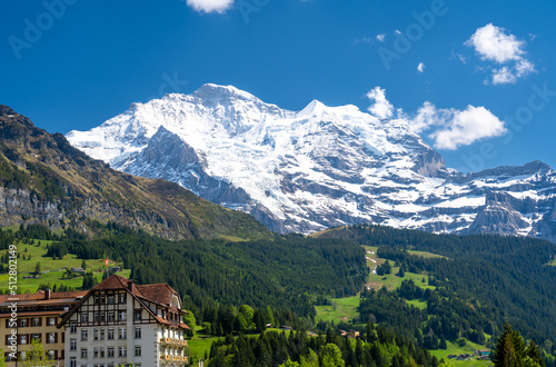 amazing view on Jungfrau mountain in swiss Alps in Wengen village in Switzerland