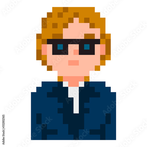 Business woman wearing glasses pixel character. Character for video game. Vector, isolated.