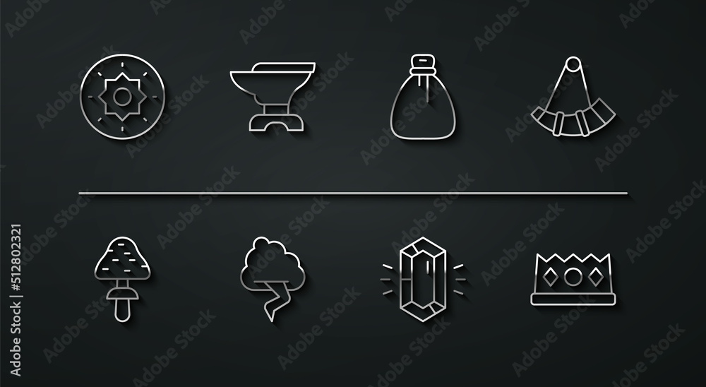 Set line Shield viking, Mushroom, Hunting horn, Gem stone, Cloud and lightning, Anvil for blacksmithing, King crown and Old money bag icon. Vector Set line Shield viking, Mushroom, Hunting horn, Gem stone, Cloud and lightning, Anvil for blacksmithing, King crown and Old money bag icon. Vector