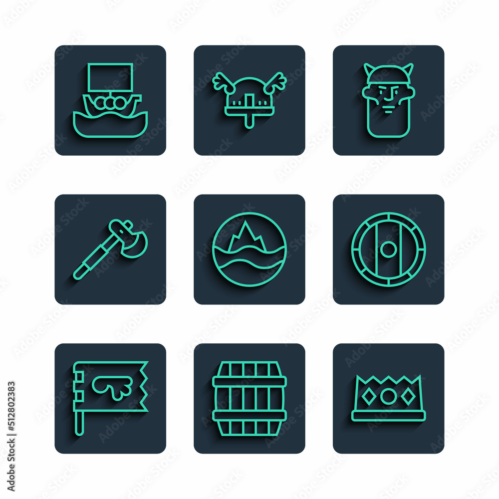 Set line Viking flag, Wooden barrel, King crown, head, Sea and waves, axe, ship Drakkar and Shield viking icon. Vector Set line Viking flag, Wooden barrel, King crown, head, Sea and waves, axe, ship Drakkar and Shield viking icon. Vector