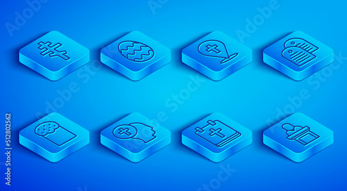 Set line Christian cross, Easter egg, Location church building, Priest, Calendar with, Holy bible book, cake and Church pastor preaching icon. Vector