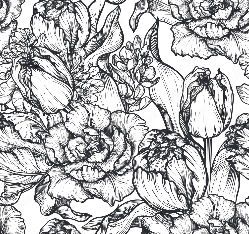 Beautiful hand drawn vector seamless patterns with black and white tulip flowers Beautiful hand drawn vector seamless patterns with black and white tulip flowers