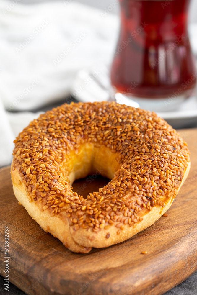 Croissants on dark background. Sweet cookies with sesame topped. Turkish cuisine delicacies. local name ay coregi. Close up