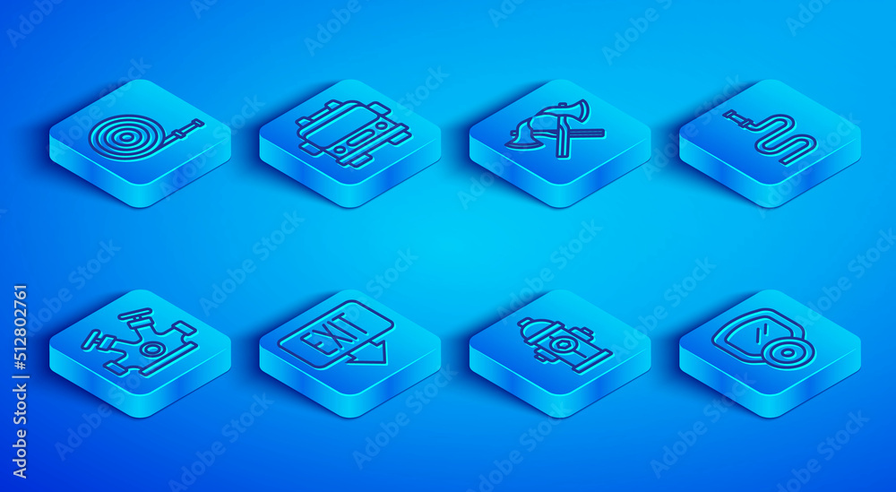 Set line Fire hose reel, truck, Firefighter axe, exit, hydrant, and Gas mask icon. Vector Set line Fire hose reel, truck, Firefighter axe, exit, hydrant, and Gas mask icon. Vector