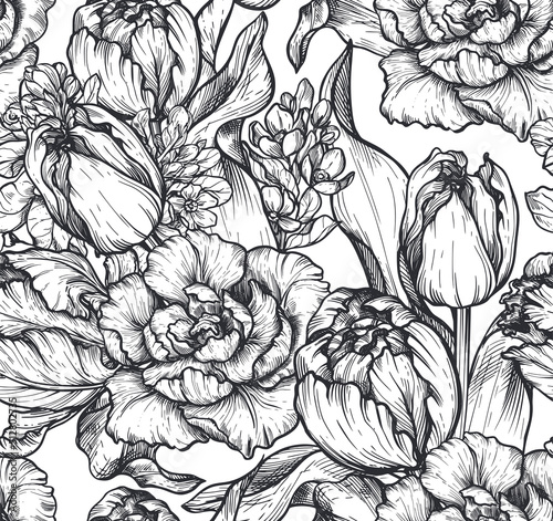 Beautiful hand drawn vector seamless patterns with black and white tulip flowers