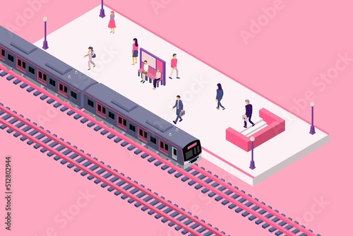 通勤、通学時の駅のホームの風景。アイソメトリックスタイルのイラスト。.