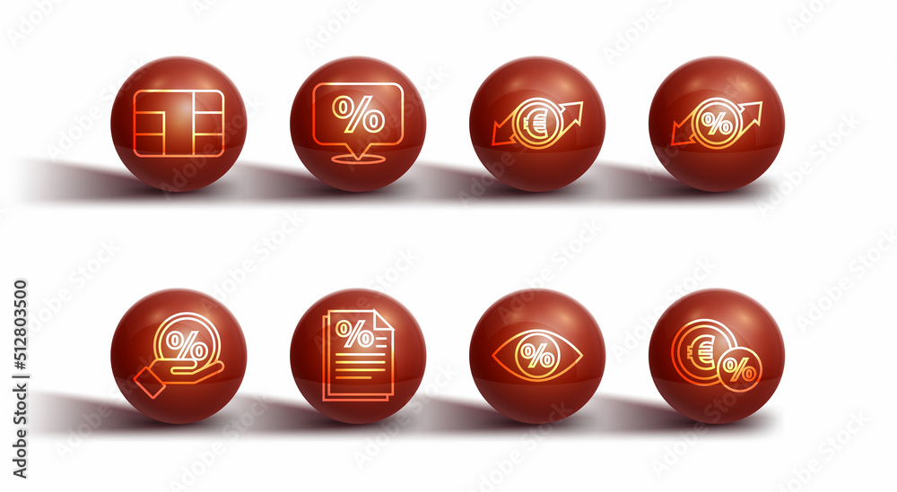Set line Credit card with chip, Discount percent tag, Eye, Finance document, Money coin and Financial growth and euro icon. Vector
