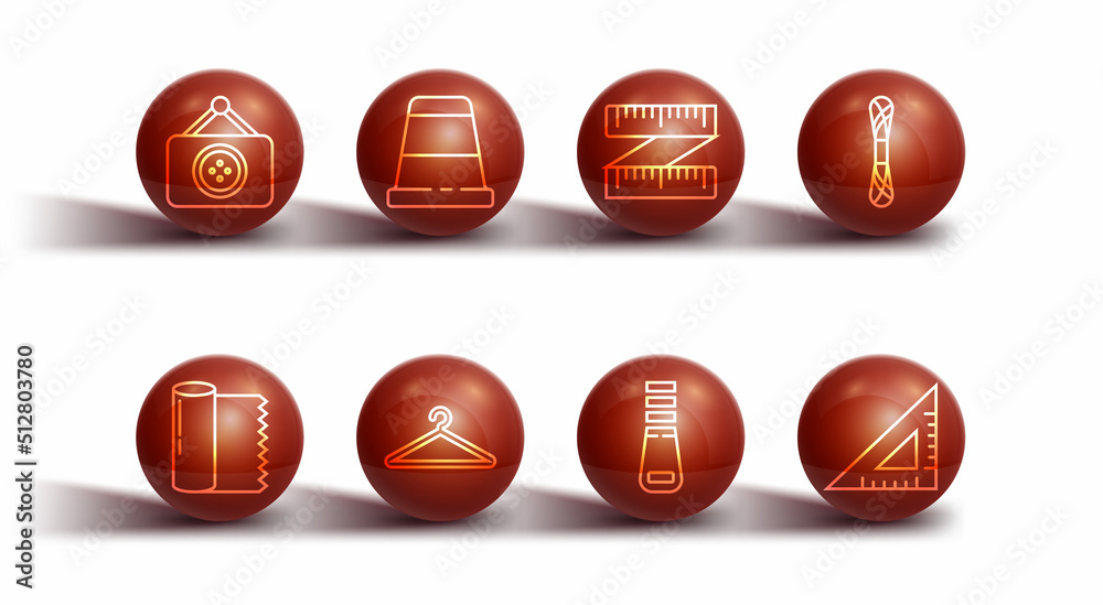 Set line Tailor shop, Textile fabric roll, Yarn, Zipper, Hanger wardrobe, Thimble for sewing, Triangular ruler and Tape measure icon. Vector Set line Tailor shop, Textile fabric roll, Yarn, Zipper, Hanger wardrobe, Thimble for sewing, Triangular ruler and Tape measure icon. Vector