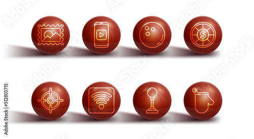 Set line Postal stamp, Target sport, Casino chips, Joystick for arcade machine, Wi-Fi wireless internet network, Online play video, Oven glove and Bowling ball icon. Vector