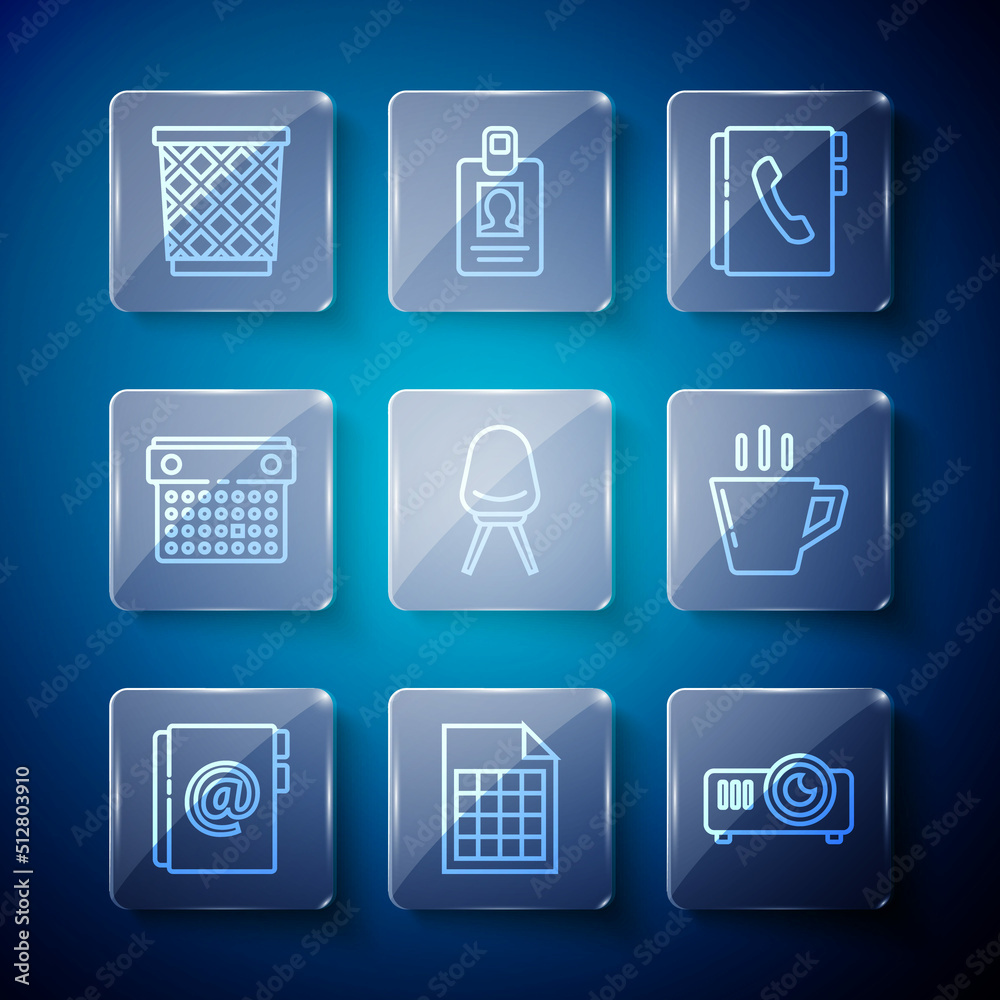 Set line Address book, File document, Movie, film, media projector, Office chair, Calendar, Trash can and Coffee cup icon. Vector Set line Address book, File document, Movie, film, media projector, Office chair, Calendar, Trash can and Coffee cup icon. Vector