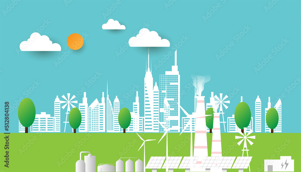 Obraz premium Design for invironment banner, with city and garden, save the planet and energy concept, paper illustration, and 3d paper. 