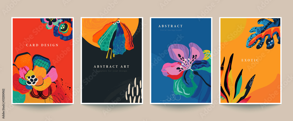 Set of four vector pre-made cards or posters in modern abstract style ...
