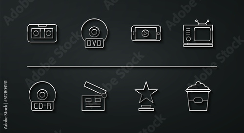 Set line VHS video cassette tape, CD or DVD disk, Retro tv, Movie trophy, clapper, Popcorn in box and Online play icon. Vector