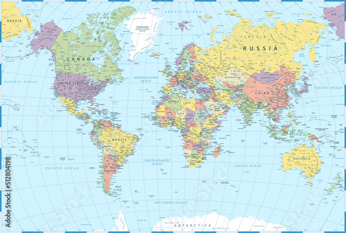 Fototapeta Naklejka Na Ścianę i Meble -  World Map - Color Political - Vector Detailed Illustration