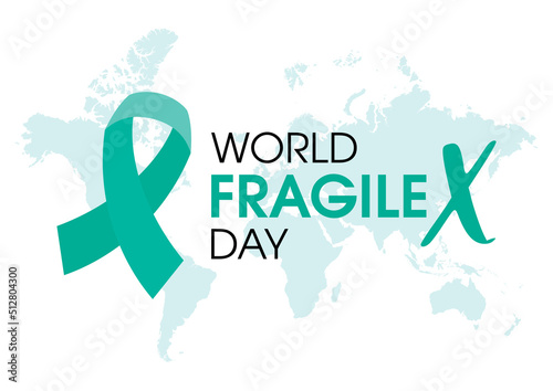 World Fragile X Day vector. Teal color awareness ribbon and world map silhouette icon vector isolated on a white background. July 22. Important day photo