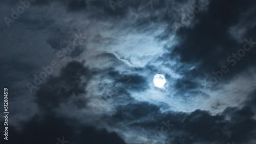 Full moon with moving black clouds. Nighttime timelapse. Clouds floating through the bright disk of the moon. Mysterious night scene