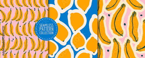 Set with cute seamless patterns with bananas and lemons. Vector backgrounds, prints, design