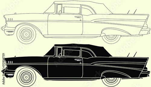 1957  Bel Air,Vector classic car illustration coloring book page for adult drawing. Paper, outlines vehicle. Graphic element. Wheel. Black contour sketch .