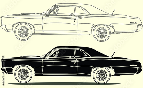 1967 GTO Classic Cars,Vector classic car illustration coloring book page for adult drawing. Paper, outlines vehicle. Graphic element. Wheel. Black contour sketch.