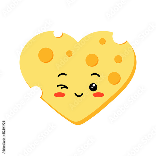 Cute winking cheese with hole heart shape slices vector set isolated on white background. Funny character cartoon kawaii emoji of yellow cheese illustration. Organic milk food flat design sticker.
