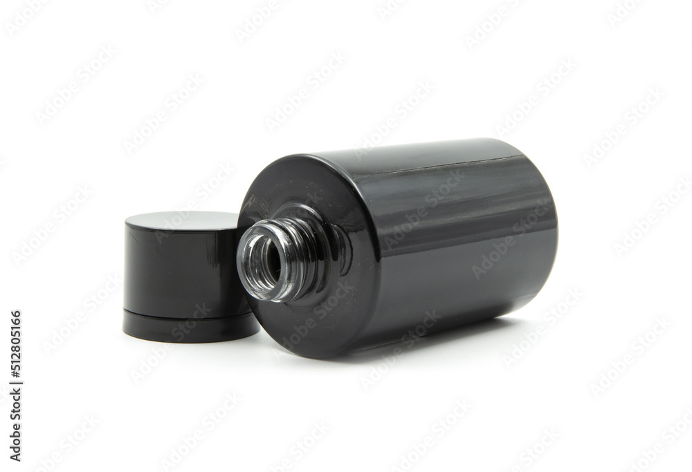 Open Black bottle cosmetic isolated on white background side view Open Black bottle cosmetic isolated on white background side view