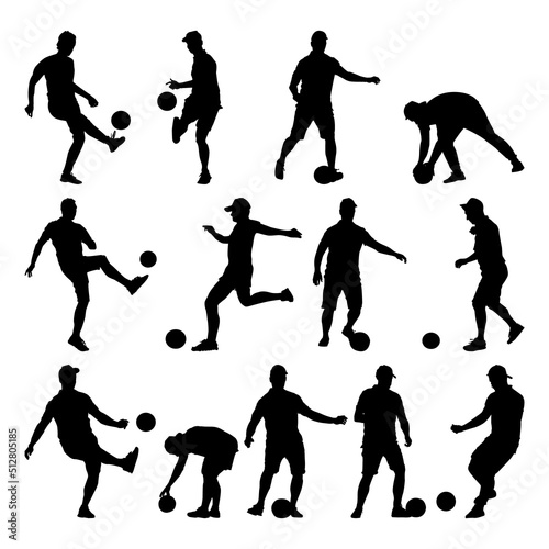 Set of soccer players silhouettes isolated on white background. Group of footballers with ball of different poses. Silhouettes of men playing football with  various figures. Stock vector illustration