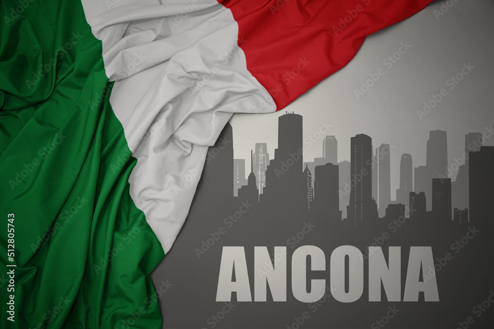 abstract silhouette of the city with text Ancona near waving national flag of italy on a gray background.