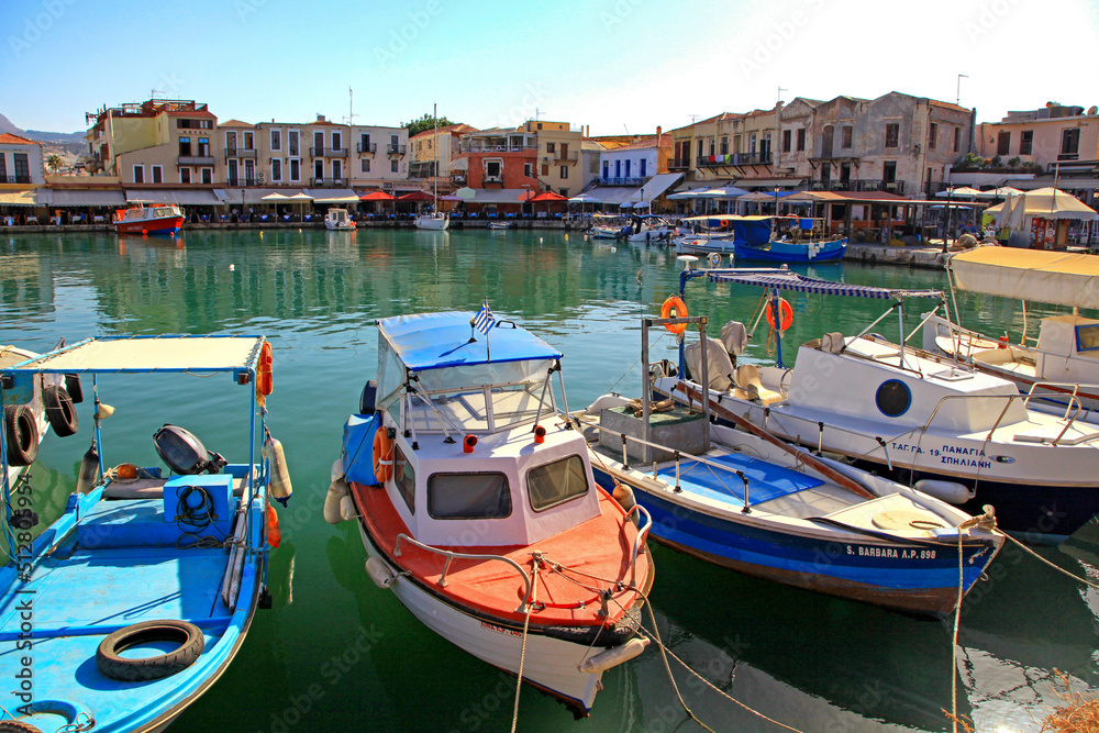 Fishing boats in port at town Rethymno in crete island at Greece