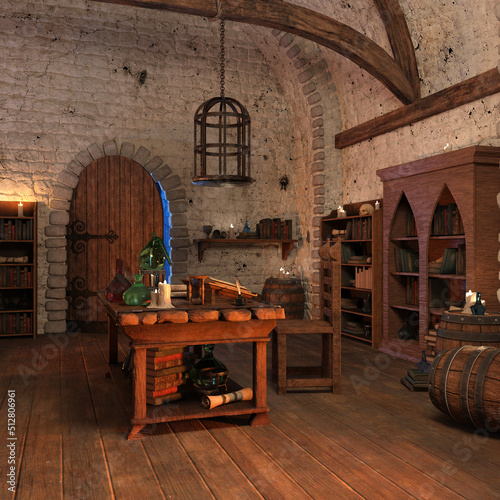 3d rendering of a fantasy alchemy lab