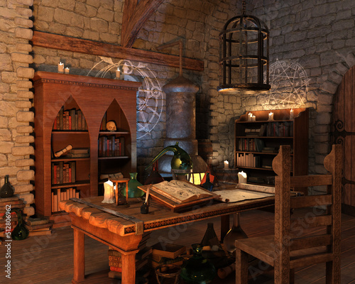 3d rendering of a fantasy alchemy lab