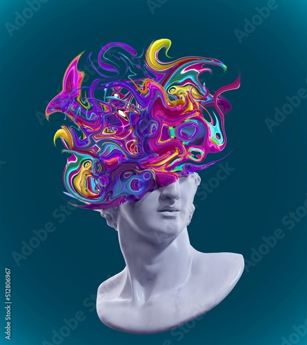 Slika na platnu 3D rendering illustration of a broken marble fragment of head sculpture in classical style with colorful exploding swirls from broken side and isolated on dark background
