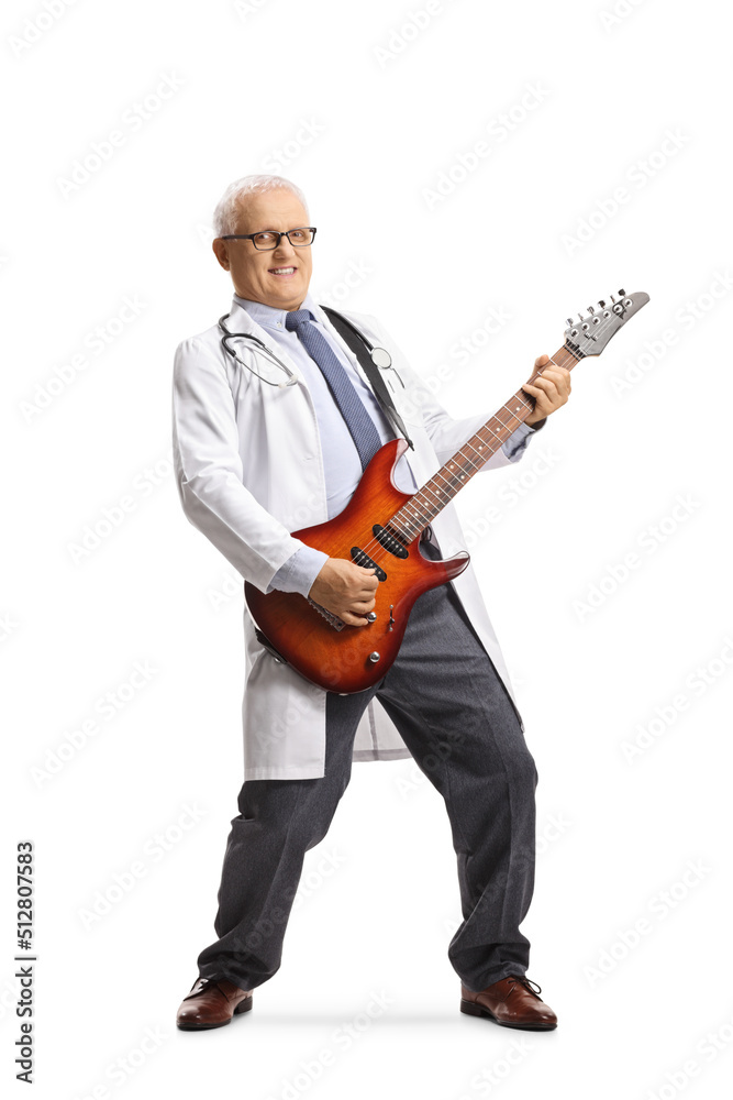 Full length portrait of a doctor playing an electric guitar