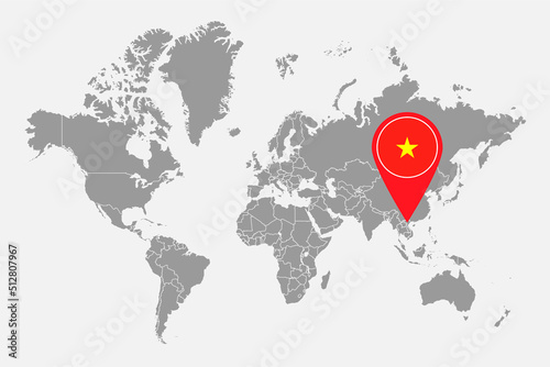 Pin map with Vietnam flag on world map. Vector illustration.