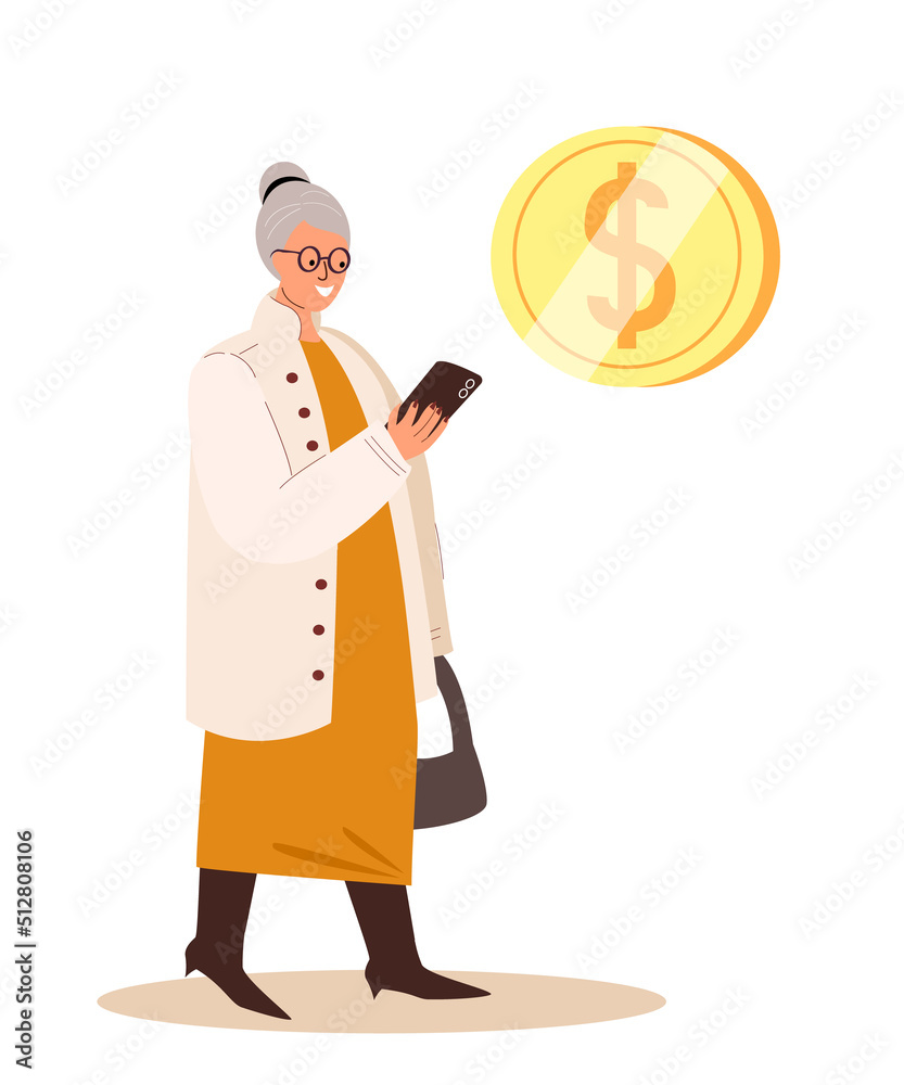 Retired Old Woman Character Look on Smartphone Screen with Dollar Sign Speech Bubble.Online Money Transfer,Pension Deductions,Mobile Savings Account,getting Payment Deposit.People Vector Illustration Retired Old Woman Character Look on Smartphone Screen with Dollar Sign Speech Bubble.Online Money Transfer,Pension Deductions,Mobile Savings Account,getting Payment Deposit.People Vector Illustration
