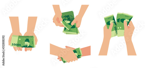 Korean currency, illustration of holding money in hand. South Korean money 10,000 won.