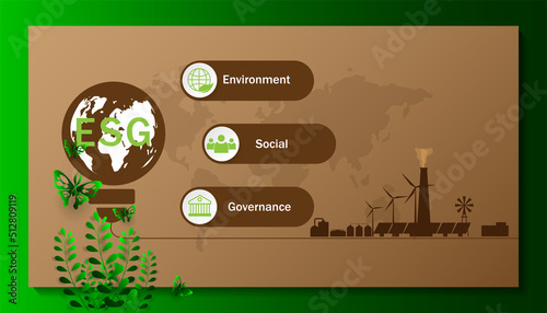 ESG infographic with icon. concept of business trend. environmental, social, and governance in sustainable and ethical business on the Network connection. with globe
on a green background.