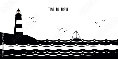 sailboat and lighthouse silhouette by the ocean seascape