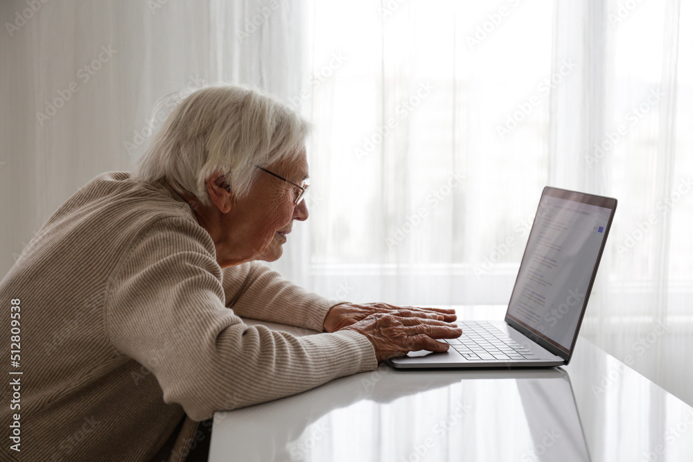 Portrait of elderly woman figuring out how to use a laptop. Older adult female learning about internet. Senior education. Digital health technology concept. Close up, copy space, background.