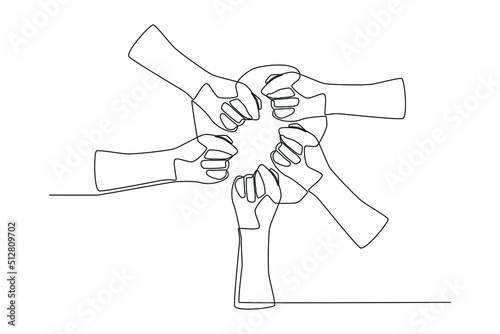 Continuous one line drawing people's Hand Joining Their Fist To Form Circle. International youth day concept. Single line draw design vector graphic illustration.