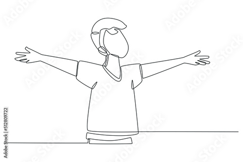 Continuous one line drawing happy young boy spread hands. International youth day concept. Single line draw design vector graphic illustration.