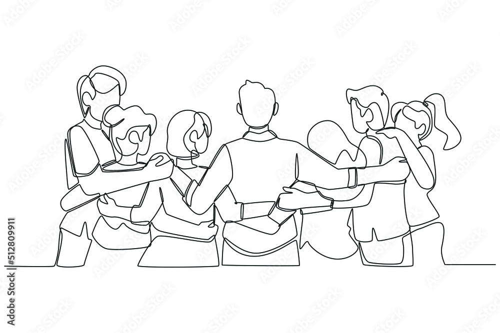 Continuous one line drawing Back view of teenage boys and girls standing together, embracing